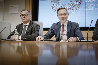 Christian Lindner (FDP), Federal Minister of Finance, photographed during the IMF press conference