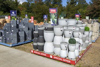 Variety of planter pots on display at Notcutts garden centre, Woodbridge, Suffolk, England, UK