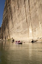 Dinosaur, Colorado, River rafters pass Steamboat Rock on the Green River in Dinosaur National