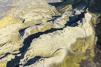 Moss-covered Laki crater or Lakagígar, series of craters, aerial view, interior highlands of