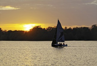 Sailing boat on a lake at romantic sunset, Müritz, Müritz National Park, Mecklenburg-Vorpommern,