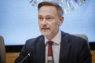 Christian Lindner (FDP), Federal Minister of Finance, photographed during the IMF press conference