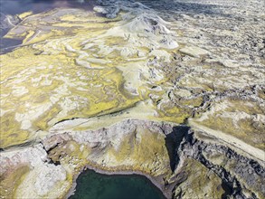 Moss-covered Laki crater or Lakagígar, series of craters, aerial view, interior highlands of