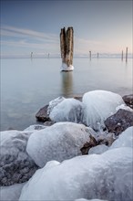 Frozen rocks and wooden posts in a calm lake under a clear blue sky, harbour, Immenstaad, Lake