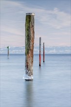 Wooden posts protrude from a calm lake under a pastel-coloured sky, harbour, Immenstaad, Lake