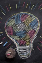 Graphic representation with chalk on the blackboard of the concept of multi-colored idea