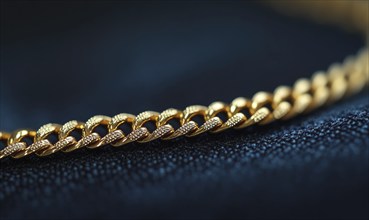 A gold chain with a diamond shaped clasp. The chain is on a dark blue surface AI generated