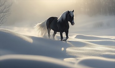 A horse is running through the snow. The snow is white and fluffy, and the horse's mane is blowing