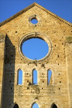 Photo shoot of the famous roofless church of San Galgano in the lands near Siena Italy