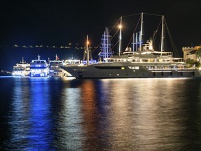 Ships in the harbour, night shot, Korcula, Korcula Island, Dalmatia, Croatia, Europe