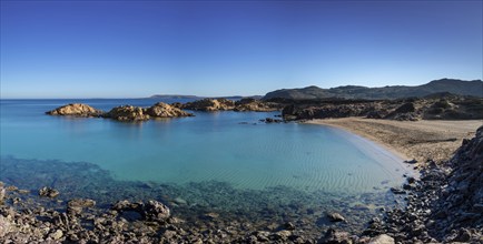 Landscape view of the idyllic and peaceful Cala Pregonda in northern Menorca