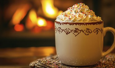 A mug of hot chocolate with whipped cream and sprinkles on top. The mug is sitting on a table next