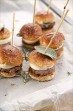 Small hamburger meat and cheese with sage leaves