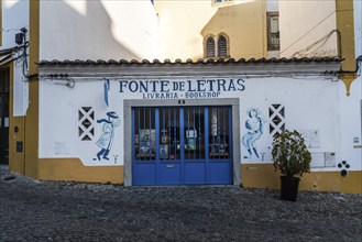 Evora, Portugal, June 29, 2022: Front of a bookstore in the old town of Evora. Alentejo, Portugal,