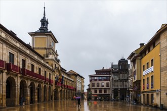 Oviedo, Spain, March 27, 2024: Cityscape of Oviedo a rainy spring day. Constitution Square, Europe