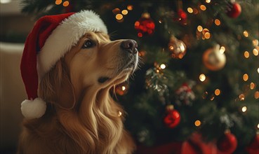 A dog wearing a Santa hat is looking at a Christmas tree. The dog is wearing a red hat and is