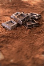 Presentation of some cubes of dark chocolate on a bed of cocoa