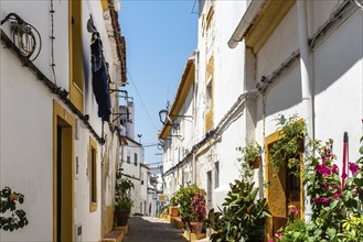 Scenic view of the old town of Elvas in Alentejo, Portugal. Narrow streets of whitewashed white