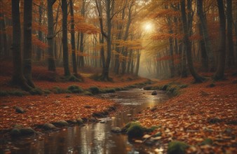 A tranquil autumn forest with a stream and golden sunlight shining through the trees and mist, AI