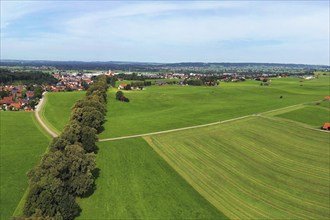 Aerial view of Lindenallee in Marktoberdorf with a view of the historic castle. Marktoberdorf,