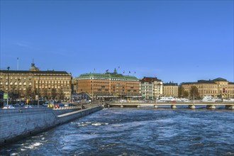 View of embankment in central Stockholm with Grand hotel, Sweden, Europe