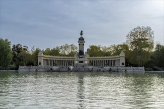 Madrid, Spain, 6 April, 2024: view of the Alfonso XII Monument in the El Retiro Park in downtown