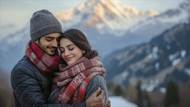 Content couple embracing warmly before a snow-covered mountain during sunset, AI generated