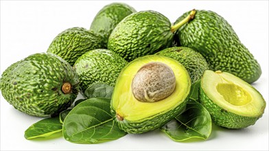 Several bright green avocados with a sliced one showing the seed, surrounded by leaves, AI