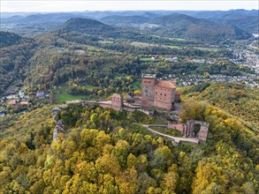 Aerial view, Reichsburg Trifels, Annweiler, Palatinate, Rhineland-Palatinate Forest in autumn,