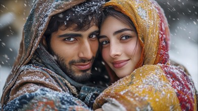 A romantic couple wrapped tightly in shawls, snowflakes falling, creating a cozy atmosphere, AI