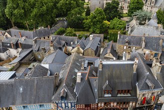 Slate roofs in medieval town. Josseline, Morbihan department, Brittany, France, Europe