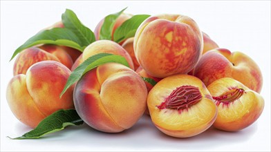 A pile of ripe peaches with leaves, featuring vibrant colors and freshness, AI generated