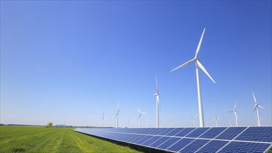 A vast landscape with wind turbines turning against a clear blue sky. In the foreground, solar