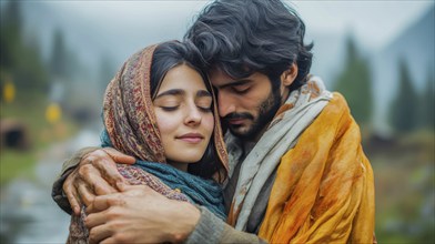 A couple in warm shawls embracing in an outdoor setting, expressing love and comfort, AI generated