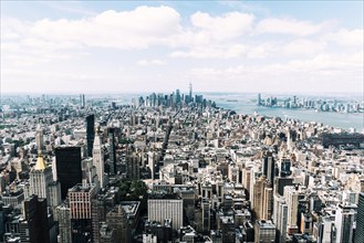 Aerial View of Manhattan a Hazy Day in the Summer. Travel to New York City, business and economy