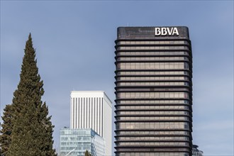 Madrid, Spain, February 11, 2024: Skyscrapers in AZCA financial area. BBVA tower, Europe