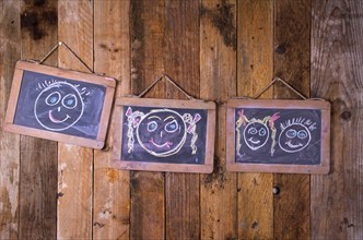 Graphical drawn with chalk on the blackboard of the family with children