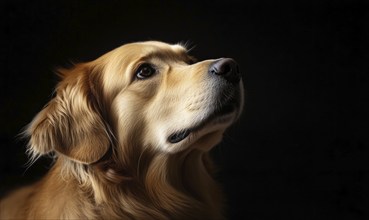 A dog with a golden coat is looking up at the camera. The image has a moody and mysterious feel to