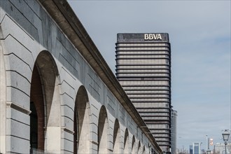 Madrid, Spain, February 11, 2024: BBVA Tower in Nuevos Ministerios area, Europe