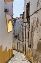 Scenic view of the old town of Elvas in Alentejo, Portugal. Narrow streets of whitewashed white