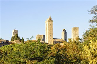 Some of the famous tower houses of San Gimignano in autumn, Tuscany, Italy, Europe