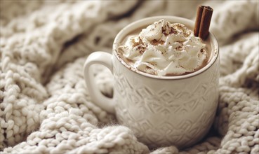 A white mug with whipped cream and cinnamon on top of a blanket. The image conveys a cozy and warm