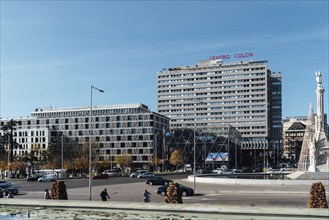 Madrid, Spain, December 12, 2021: Panoramic view of Plaza of Colon or Columbus Square. Monument of