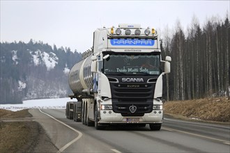 SALO, FINLAND, MARCH 13, 2016: White super Scania R620 tank truck for bulk transport of Trans Matti