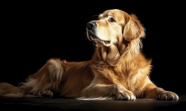 A golden retriever is laying on a black surface, looking up at the camera. The image has a calm and