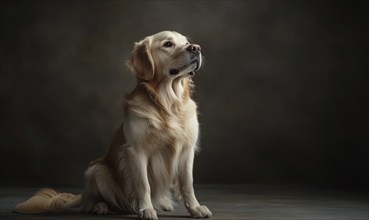 A golden retriever is sitting on the ground and looking up. The dog appears to be looking at