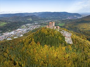 Aerial view, Reichsburg Trifels, Annweiler, Palatinate, Rhineland-Palatinate Forest in autumn,