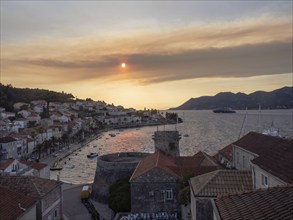 Evening atmosphere in front of sunset, Korcula harbour, Korcula island, Dalmatia, Croatia, Europe