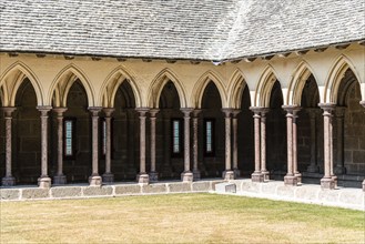 Mont Saint Michel, France, July 25, 2018: The cloister of the Abbey of Mont Saint-Michel, Europe