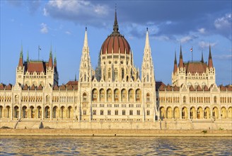 The symmetrical main facade and the central dome of the Hungarian Parliament Building overlook the